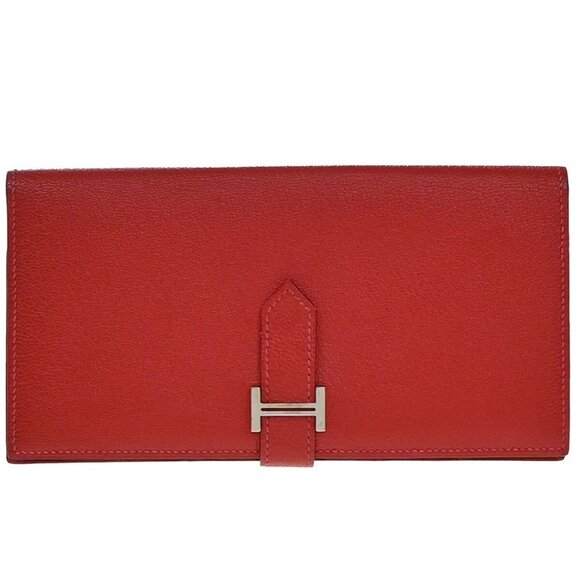 HERMES Logo Bearn Long Bifold Wallet Chevre Mysore Red SHW France